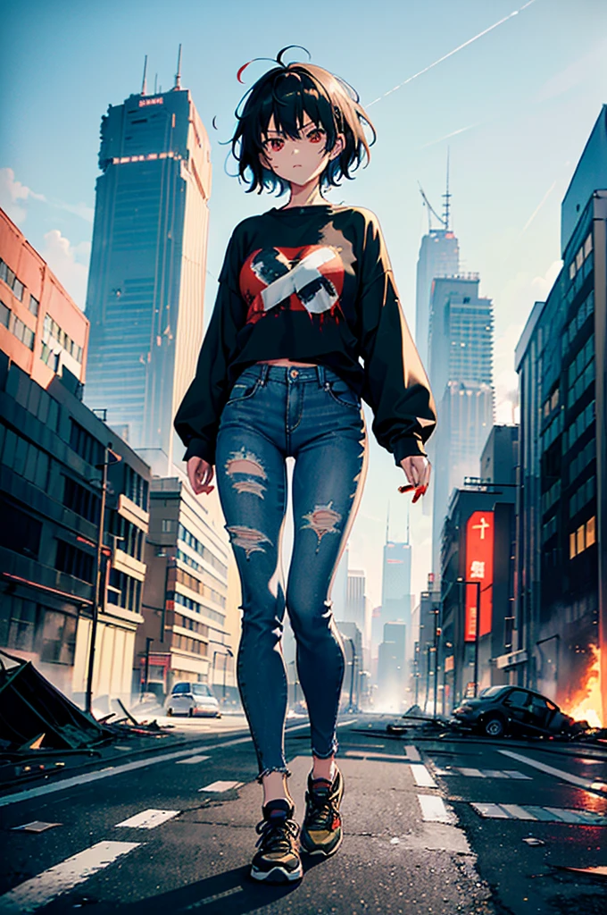 ((1 GIRL)) ((2d anime girl)), ((Japanese)) (( physically mature female)),18-year-old, ((2d anime girl)), ((short dark-haired)), ((windswept hair)) ((ultra high quality))((flawless))((4k UHD)) ((Best Quality)) ((Daytime)) ((eyes glowing red )), wearing a ((black long sleeve shoulderless, blank T-shirt)) wearing ((blue jeans)) and black and yellow sneakers with (((blood splattered))) on it and her face, standing in the street ((facing toward the camera)) in a ((ruined city)) filled with ((heavily damaged)) and worn (( tall skyscrapers with gaping holes in their structures while on fire)) and ((crushed vehicles on fire)) and small and ((raging fires all around)) and an expressionless look on her face, with a giant monster kaiju-beast in the distance looking furocious.
