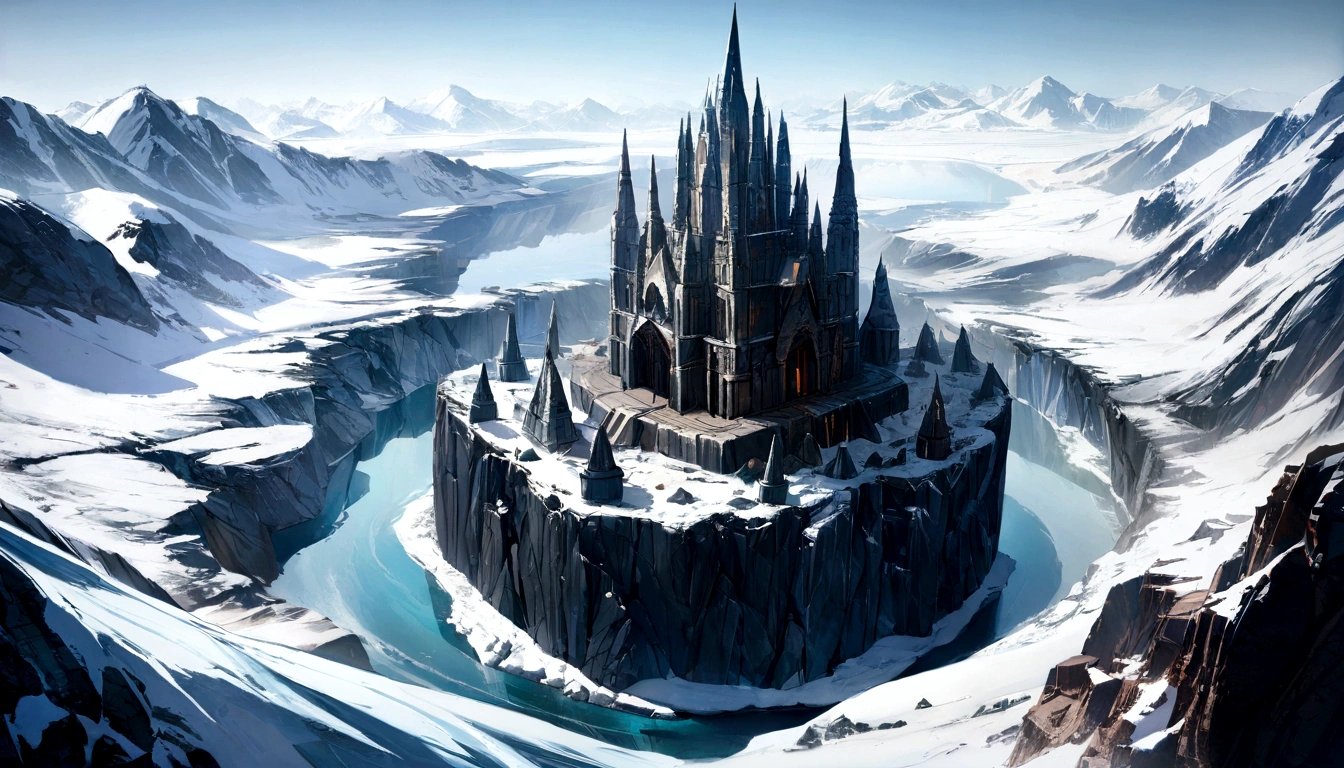 8k, masterpiece, best quality, realistic, higly detailed, landscape, There is a huge dark stone temple as the center focus nestled within an arctic glacial landscape, dark stone bricks