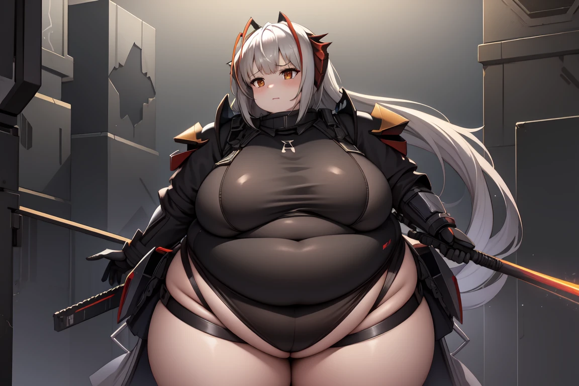 1girl, w_arknights, black bodysuit with blue parts, ancient space ruins, hi-tech armor pieces, face, fat legs, see through clothes, side boob