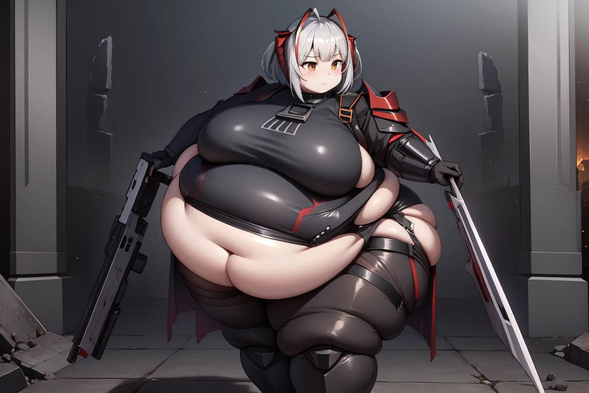 1girl, w_arknights, black bodysuit with blue parts, ancient space ruins, hi-tech armor pieces, face, fat legs, see through clothes, side boob