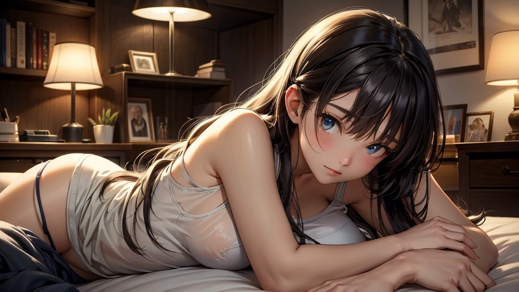 Create a high-quality, detailed image of a beautiful anime lofi girl with long hair, beautiful eyes, laying down in her cozy gaming room. She is wearing a see-through tank top and no bra, showing her breast. She also has on sexy sleep shorts. The warm, inviting scene includes soft ambient lighting and a comfortable setting. The room is illuminated by a small lamp, creating a serene and intimate atmosphere with a touch of sensuality.