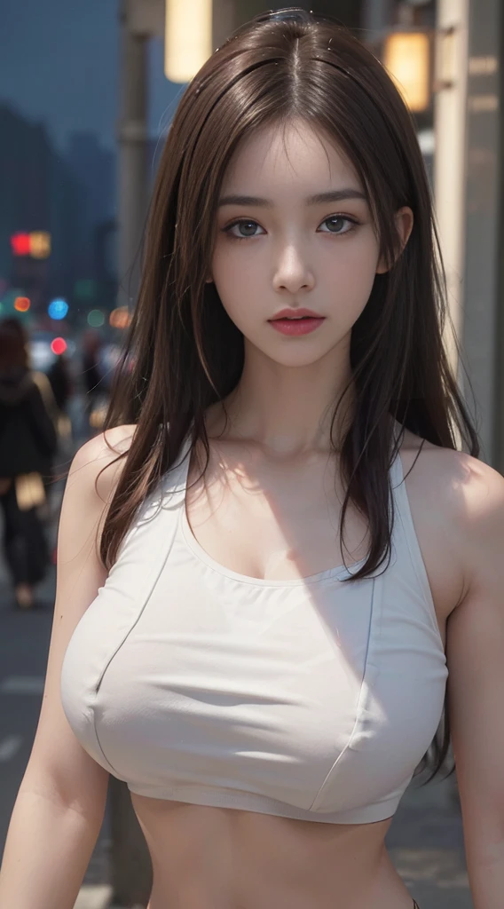 ((Realistic lighting, Best quality, 8K, very huge breast, Masterpiece: 1.3)), Clear focus: 1.2, 1girl, Perfect Figure: 1.4, Slim Abs: 1.1, ((Dark brown hair)), (White crop top: 1.4), (Outdoor, Night: 1.1), City streets, Super fine face, Fine eyes, Double eyelids,