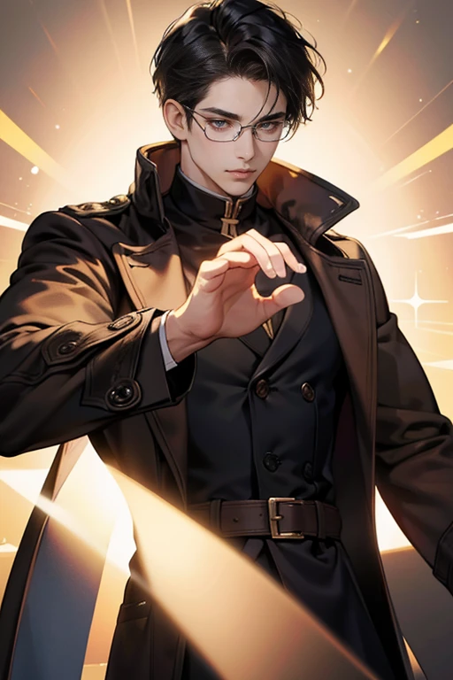 (tmasterpiece, high resolution, ultra - detailed:1.0), (1male), 30 years, Eyes looking at the camera, Perfect male body, Extremely detailed CG, 8K wallpaper, Complicated details, solo person, Detailed face,(Black hair, brown coat,brown sweater, Glasses), color difference, Depth of field, dramatic shadow, Ray tracing, Best quality, Cinematic lighting, offcial art