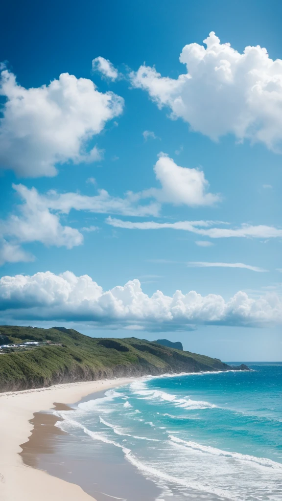 Ocean,Sandy Beach,Blue sky and white clouds,blue sky,Landscape Wallpaper,beautifully、aesthetic, photo shoot, Cinema Lighting, 8K, High detail