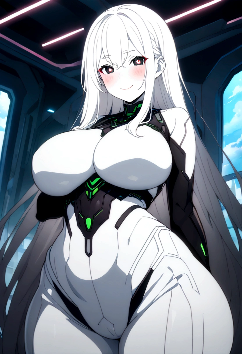 Masterpiece, High quality, High quality of art, anime lineart, 1girl,white hair, black eyes, white eyebrow, red eyeshadow, Tall, black cyber clothers, light gray cyber pants, big hips, big chest, very blush, white hearts in eyes, in future base, looking at viewer, smile, white skin, white hearts in eyes