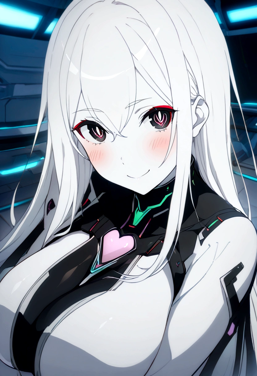 Masterpiece, High quality, High quality of art, anime lineart, 1girl,white hair, black eyes, white eyebrow, red eyeshadow, Tall, black cyber clothers, light gray cyber pants, big hips, big chest, very blush, white hearts in eyes, in future base, looking at viewer, smile, white skin, white hearts in eyes