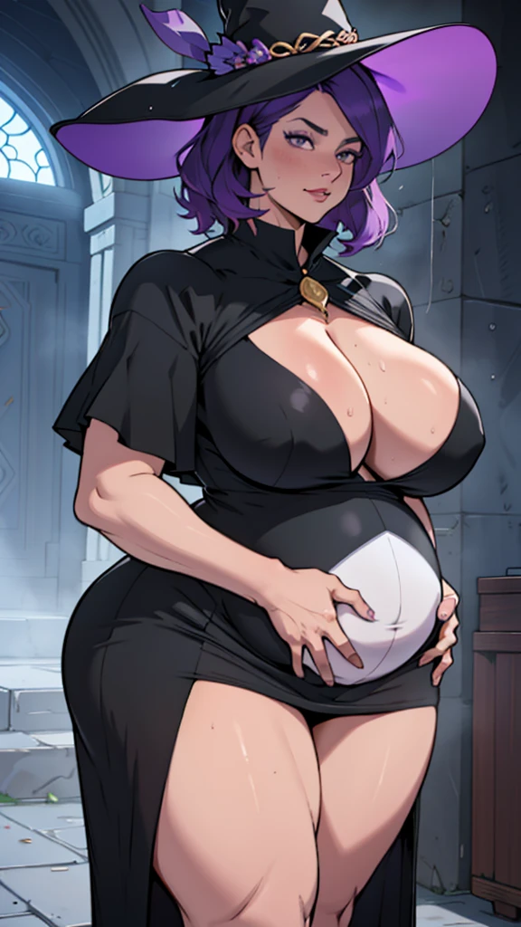 pregnant woman, older, in their 30s, with short purple hair and a tall, curvy body, vista sideways, sideways, breasts big, (work of art, best qualityer:1.2) wearing the legendary great black dress of the mystical sorceress, Big witch hat, breasts big gestante, clothes covering the whole body, detailed mysterious look