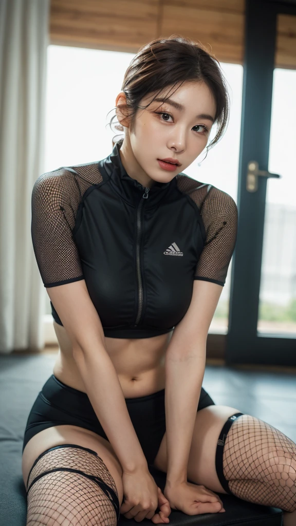 Highly detailed CG Unity 8K wallpapers,top Quority,Super detailed,tmasterpiece,realisticlying,photograph realistic,Very detailed cute girl,25 age old,musculature,Microabs,Round eyes,peeping at the viewer,Be red in the face,parted lip,Half-body shooting,
track suit , gym room,black fishnet stocking , short hair