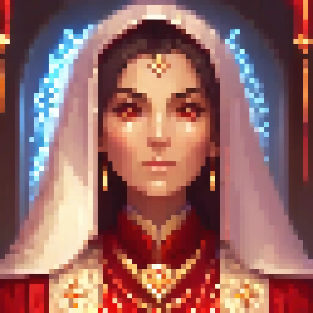 a thin cleric female portrait, detailed eyes, , extremely detailed hard and rough face and features, team focused buff powers, red flowing robes, soft glowing light, intricate pixel art style, highly detailed, masterpiece, 8k, photorealistic, portrait, fantasy, magical, ethereal, cinematic lighting, dramatic contrast, vivid colors, digital painting