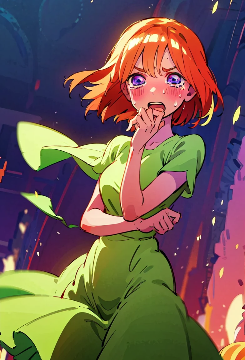 Yotsuba Nakano, short orange hair, green ribbon,, 4k, extremely fine illustration, cowboy shot, tears,, sfw, crying, dynamic pose, interesting pose, expressive face, silky pretty dress,flowing dress, wind, extremely fine and beautiful, super fine illustration, top-quality、Official art、Beautifully Aesthetic:、vivid colours、colourful, HD Detail, Ultra Detail, soft Light, magical photography, intricate details, , sfw, , indigo eyes, masterpiece, 4k, ultradetailed,
