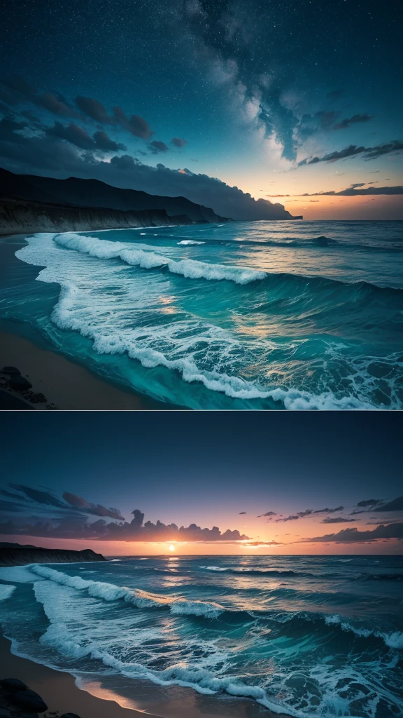 The sea and the sky are the same,Taken with a digital SLR camera、Actual photos of bioluminescent beaches and bioluminescent waves,Canon EOS 5D Mark IV,Sharp focus with the right lenses,Highly detailed original photograph,Shutter Masterpiece,Top quality professional photos,Award-winning photo,Large wide angle