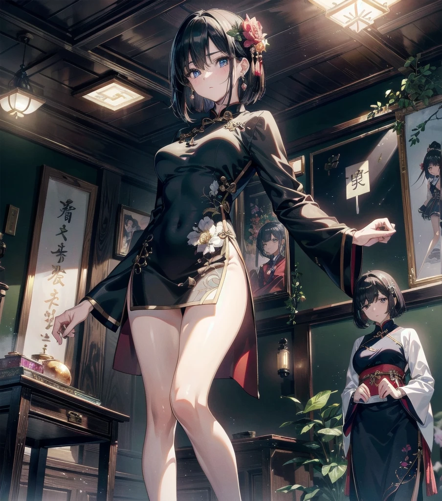 absurdres, RAW photo, extremely delicate and beautiful, masterpiece, Best Quality, ultra high resolution, 32k, hyperrealistic, ultra-detailed, Very detailed CG 8k wallpaper, Beautiful Lighting, Perfect Lightning, Realistic Shadows, perfect anatomy, super Detailed skin, perfect figure, Japanese woman, late 20s, very Slim body, narrow waist, very small head, handsome detailed woman, very detailed eyes and face, realistic face proportions, Stunning detailed eyes, Realistic beautiful face, very small face, Realistic small beautiful eyes, tearful mole, earring, beautiful and very thin legs, beautiful and very thin thighs, very huge round breasts, medium hair, black hair, whole body shot, 2girls, yuri, (cheongsam:1.2),