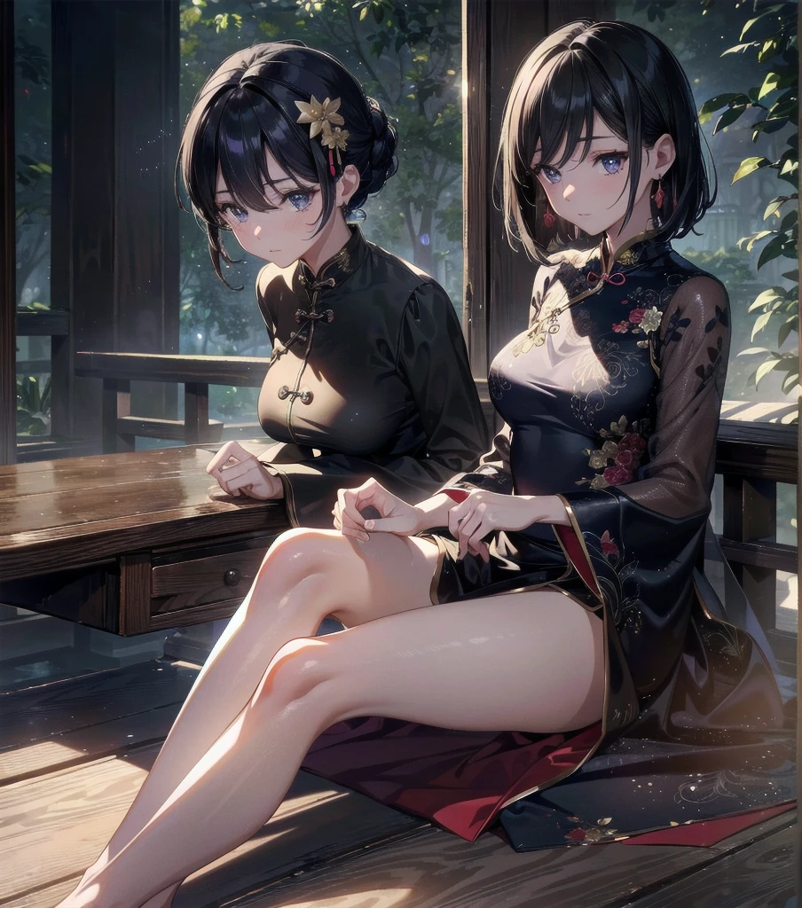 absurdres, RAW photo, extremely delicate and beautiful, masterpiece, Best Quality, ultra high resolution, 32k, hyperrealistic, ultra-detailed, Very detailed CG 8k wallpaper, Beautiful Lighting, Perfect Lightning, Realistic Shadows, perfect anatomy, super Detailed skin, perfect figure, Japanese woman, late 20s, very Slim body, narrow waist, very small head, handsome detailed woman, very detailed eyes and face, realistic face proportions, Stunning detailed eyes, Realistic beautiful face, very small face, Realistic small beautiful eyes, tearful mole, earring, beautiful and very thin legs, beautiful and very thin thighs, very huge round breasts, medium hair, black hair, whole body shot, (2girls:1.2), (yuri:1.2), (cheongsam:1.2),