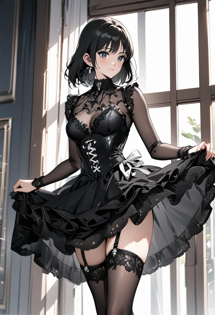 ((Top quality, masterpiece, freak, super resolution)), 1 girl, Japanese model,************,Smooth black hair,The woman wears a bodysuit-style covering (corset dress) from the chest to the hips. The neckline is a deep V-cut with straps and the skirt is decorated with short tulle frills. The corset also has a garter belt. ((Base colour is white with black transparent lace on the front)). The front centre of the corset is decorated with delicate black floral lace and a white ribbon. The skirt is ruffled with transparent tulle and is light. The stockings are also black lace. The contrast between black and white is beautiful and the delicate lace and tulle details emphasise the elegant and sexy atmosphere.
