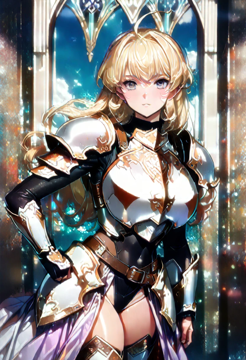 ((highest quality)), ((masterpiece)), ((hyperrealistic)), (detailed background), solo, 1girl, ((curvy: 1.2)), kawaii, ((armored dress: 1.3)), langrisser, Blonde berry long wavy hair, Ahoge, (paladin magic armor), ((black tight-fitting leotard bodysuit)), ((huge breasts)), ((arm guard gauntlet)), (metal harness breastplate), body harness, belt waist armor, ((zettai ryouiki knee socks boots)), (big butt), (cleavage cutout), (Groin), (thighs), beautiful aqua eyes, droopy eyes, perfect face, Perfect hands, perfect fingers, Blue sky and grassland, posing, putting hands on hips,