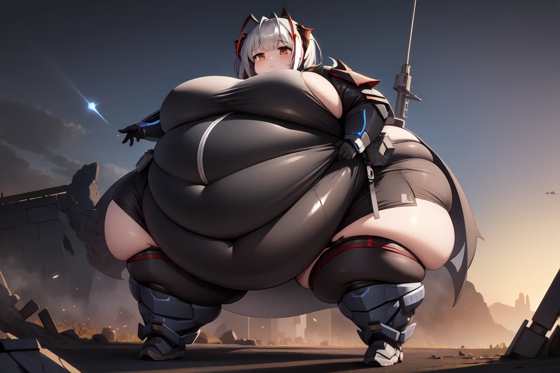 1girl, w_arknights, black bodysuit with blue parts, ancient space ruins, hi-tech armor pieces, face, fat legs, see through clothes, side boob