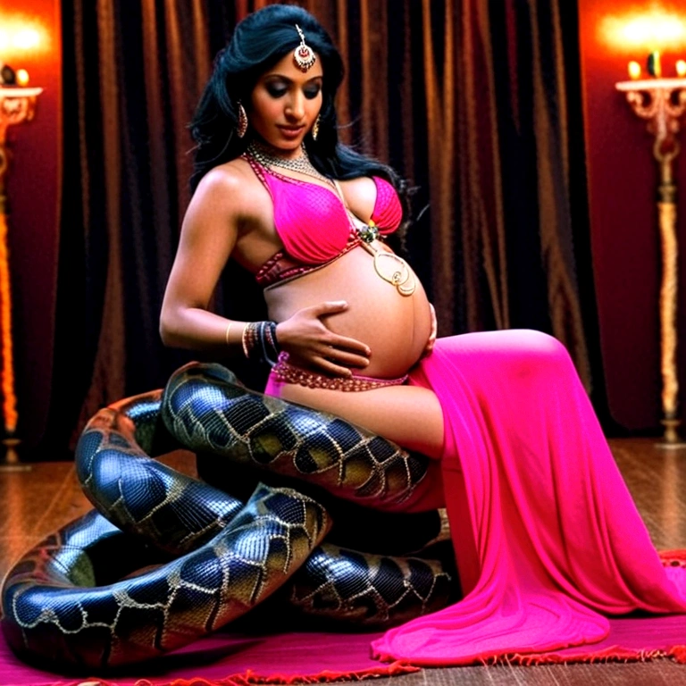 Pregnant pink bikini Happy Horny, aroused 1girl), beautiful kneeling young  Indian  belly dancer girl with  giant colossal black titanboa squeezing her hard, wrapped in thick spiraling coils, constricted, struggle, gasping for air, snake attack, snake peril, moonless night, dim light