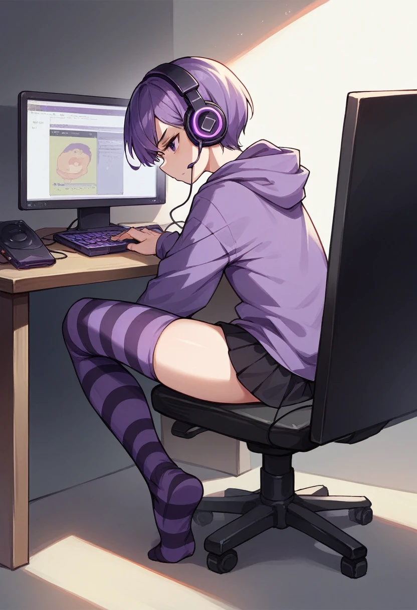 score_9, score_8_up, score_7_up, score_6_up, score_5_up, score_4_up, sideview, sitting on a chair, 20 years old anime girl, purple short hair, purple hoodie, flat chest, black skirt, girl with headphones, girl gaming in front a computer, computer table, grumpy expression, focus on girl, full body, bad back posture, hunched back, Striped high stockings, purple and black striped stockings, playing videogames, bend down 