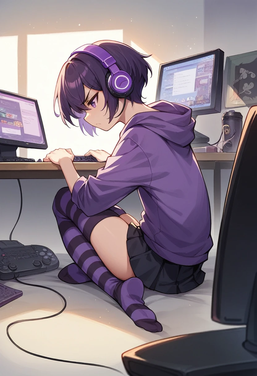 score_9, score_8_up, score_7_up, score_6_up, score_5_up, score_4_up, sideview, sitting on a chair, 20 years old anime girl, purple short hair, purple hoodie, flat chest, black skirt, girl with headphones, girl gaming in front a computer, computer table, grumpy expression, focus on girl, full body, bad back posture, hunched back, Striped high stockings, purple and black striped stockings, playing videogames, bend down 