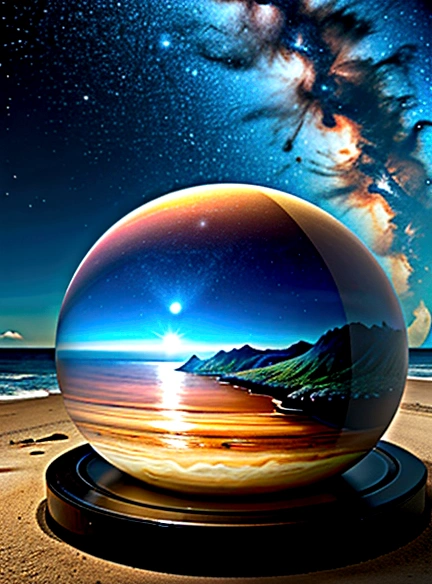 Giant planets, night, Starry Sky, Surrealism, Tabletop, High resolution、Impressive Milky Way:1.9、Sandy Beach、Vast blue ocean、Blue Wave、Blue Glacier、lightning:1.9、Protoplanet、Pure beauty