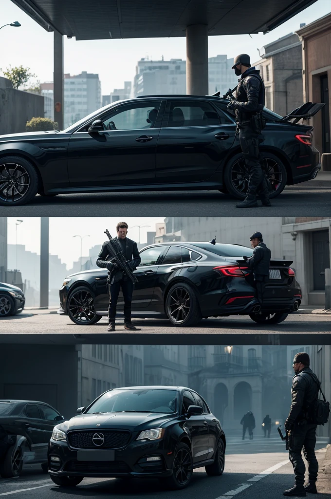 In the background we see a black car with two men talking outside it and one of them, more precisely the one on the right, is holding a suitcase .Further ahead we see the Ghost from Call of Duty and next to him is one also from Call of Duty, both holding weapons.