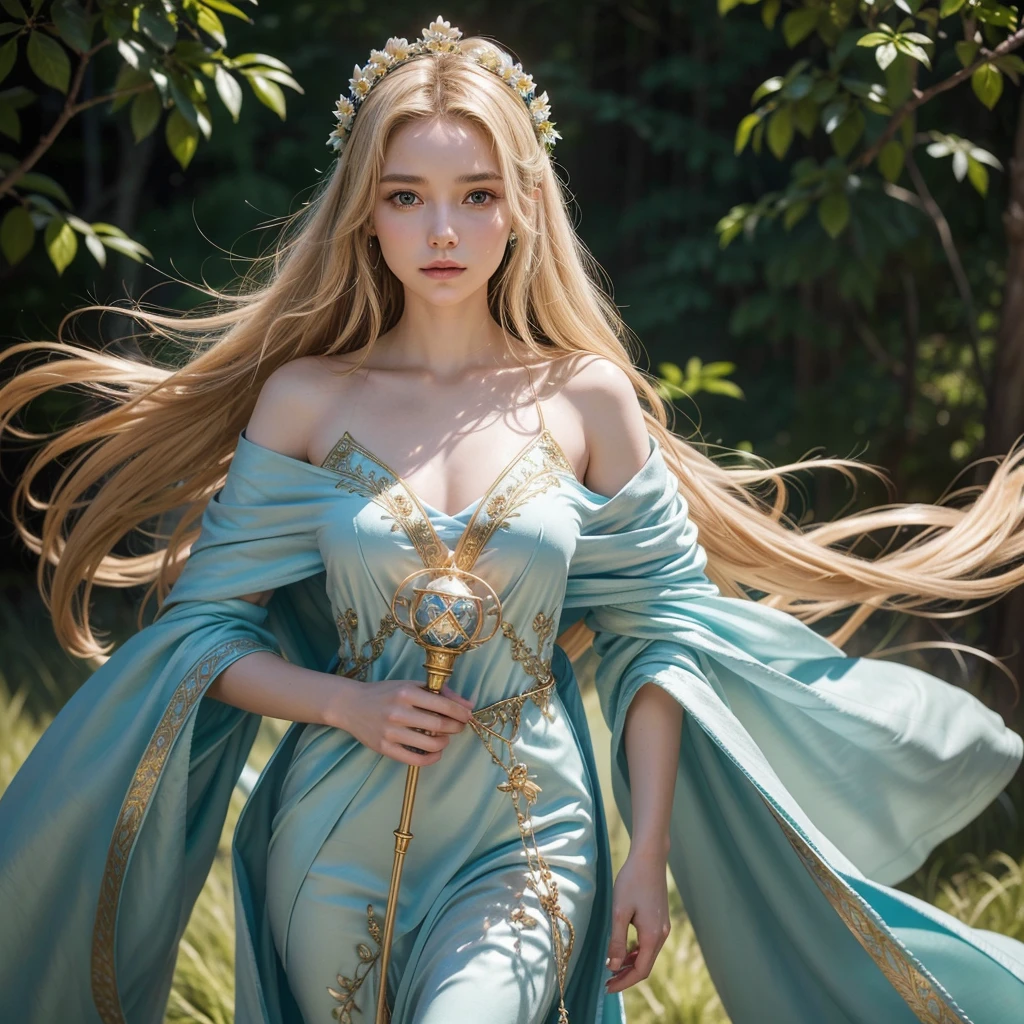 Ward of Compassion: Wards resist 50% of incoming weapon damage, providing strong protection in combat. Seraphina is a serene and graceful Breton, standing at 5'6" with a slender, willowy build. Her long, flowing hair is a soft, honey-blonde, often adorned with delicate flowers that she picks from the wild. Her eyes are a deep, soothing blue, radiating warmth and kindness. Her fair skin glows with an inner light, a testament to her divine connection to Mara.

She wears elegant robes of white and gold, adorned with intricate embroidery depicting symbols of Mara and motifs of love and peace. Over her shoulders, she drapes a light blue cloak that flows gently in the wind, symbolizing her role as a healer and protector. Seraphina carries a staff of polished wood, topped with a crystal that emits a soft, golden glow, used both as a focus for her magic and as a symbol of her divine mission.