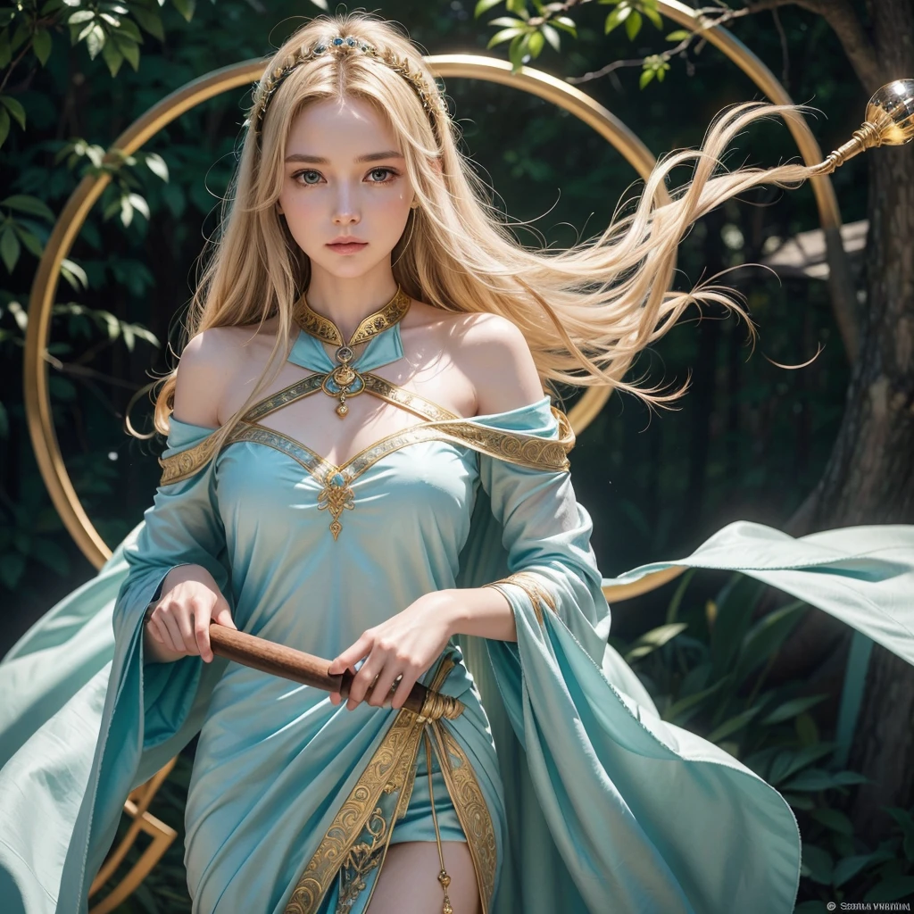Ward of Compassion: Wards resist 50% of incoming weapon damage, providing strong protection in combat. Seraphina is a serene and graceful Breton, standing at 5'6" with a slender, willowy build. Her long, flowing hair is a soft, honey-blonde, often adorned with delicate flowers that she picks from the wild. Her eyes are a deep, soothing blue, radiating warmth and kindness. Her fair skin glows with an inner light, a testament to her divine connection to Mara.
She wears elegant robes of white and gold, adorned with intricate embroidery depicting symbols of Mara and motifs of love and peace. Over her shoulders, she drapes a light blue cloak that flows gently in the wind, symbolizing her role as a healer and protector. Seraphina carries a staff of polished wood, topped with a crystal that emits a soft, golden glow, used both as a focus for her magic and as a symbol of her divine mission.