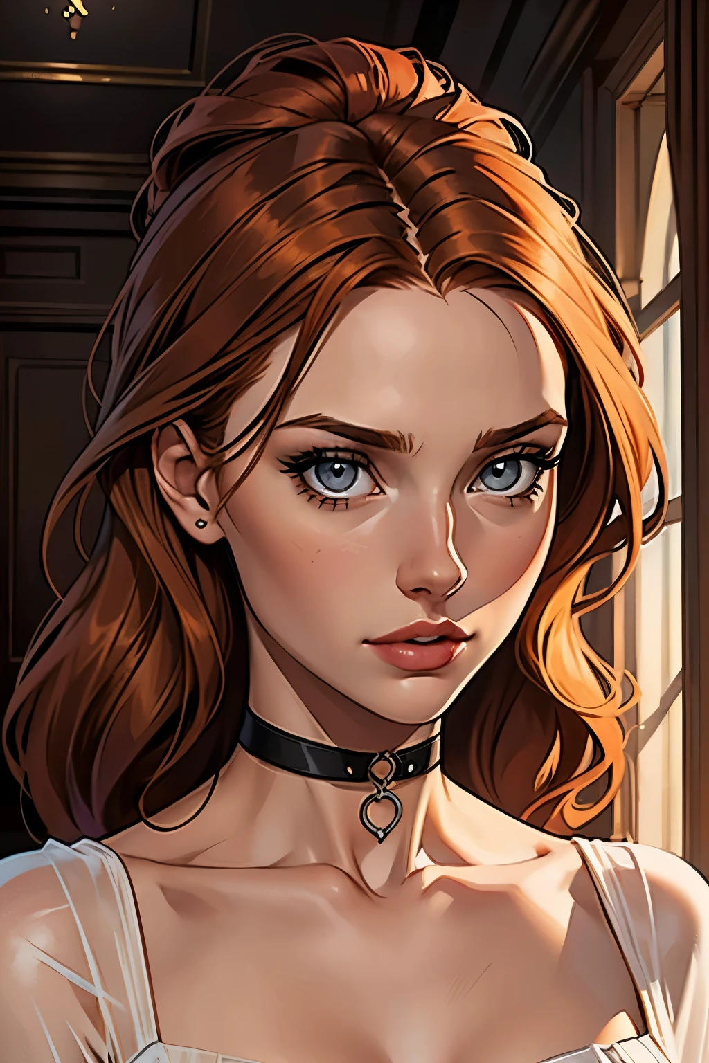 best qualityer, work of art, (realisitic: 1.2), 1 girl, slender girl, ginger hair, eyes browns, 3/4 view, face detailed, gorgeous eyes, eyes gray, eyes large, breasts small, choker, see through gown