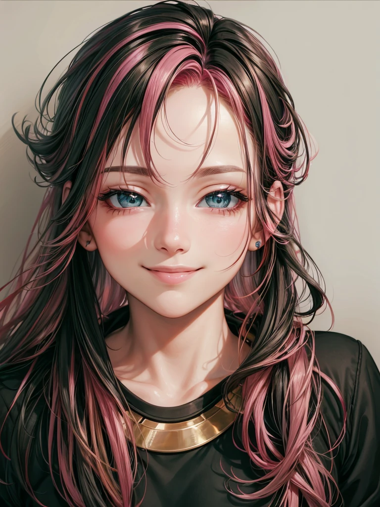 masterpiece, high quality, 4k, 8k, beautiful face, mix colored hair, pink highlights, smile,