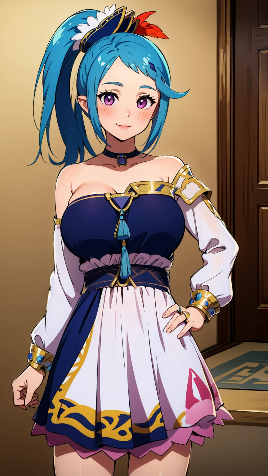 best quality, high resolution, large breasts, blue hair, ponytail, blush, smile, cowboy shot, looking at viewer, Lana, pink lip, in Hyrule castle,