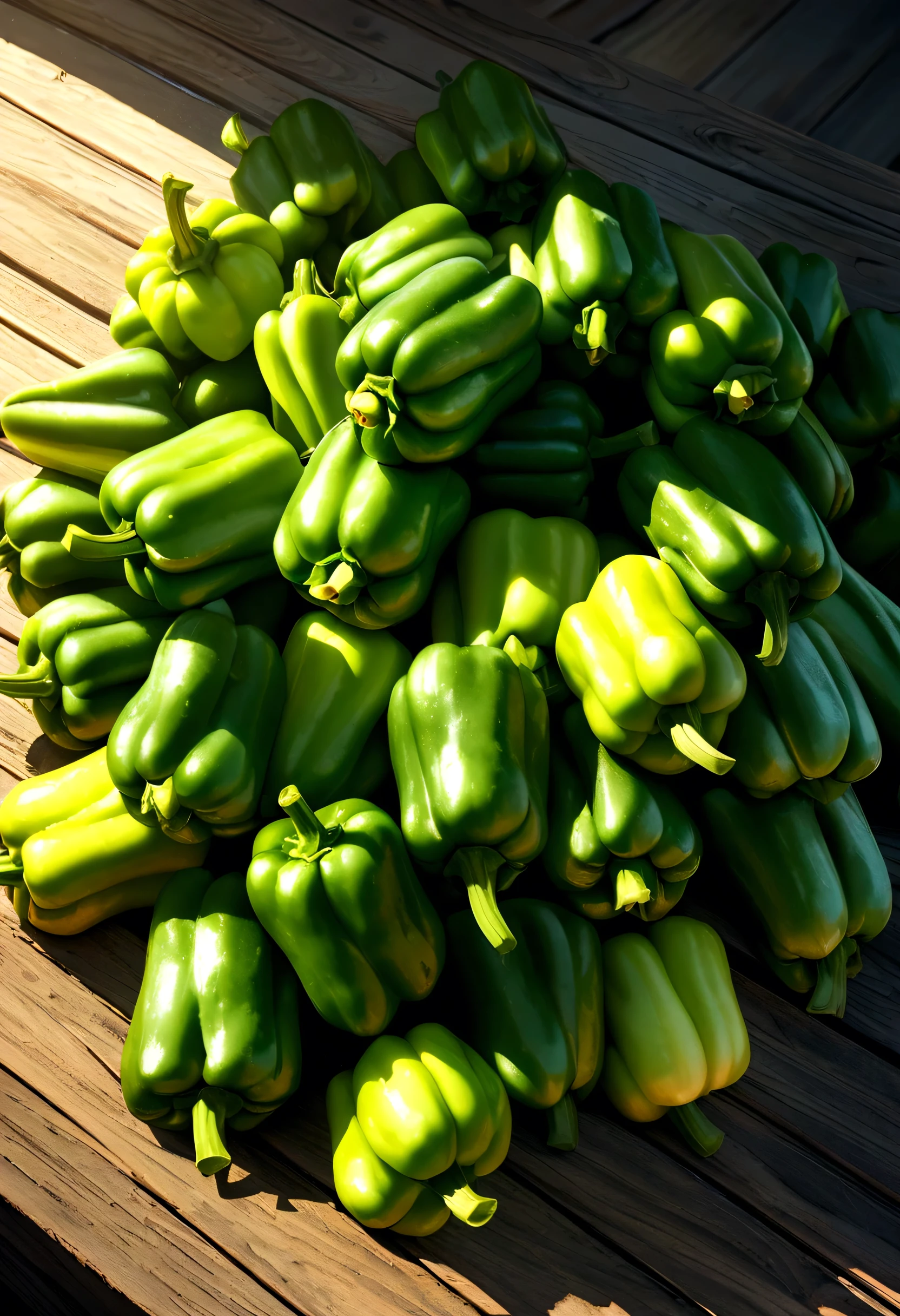 a pile of fresh green bell peppers on a rustic wooden table, 8k, high resolution, detailed textures, natural lighting, smooth shading, vibrant colors, photorealistic