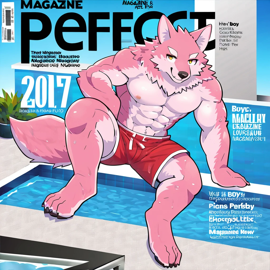 ((magazine cover)), perfect anatomy, muscular_anthro, full_body, furry, male, wolf, kemono, 1boy, solo, pink_body, pink_fur, shirtless, red_shorts, pool_background, water, smiling,