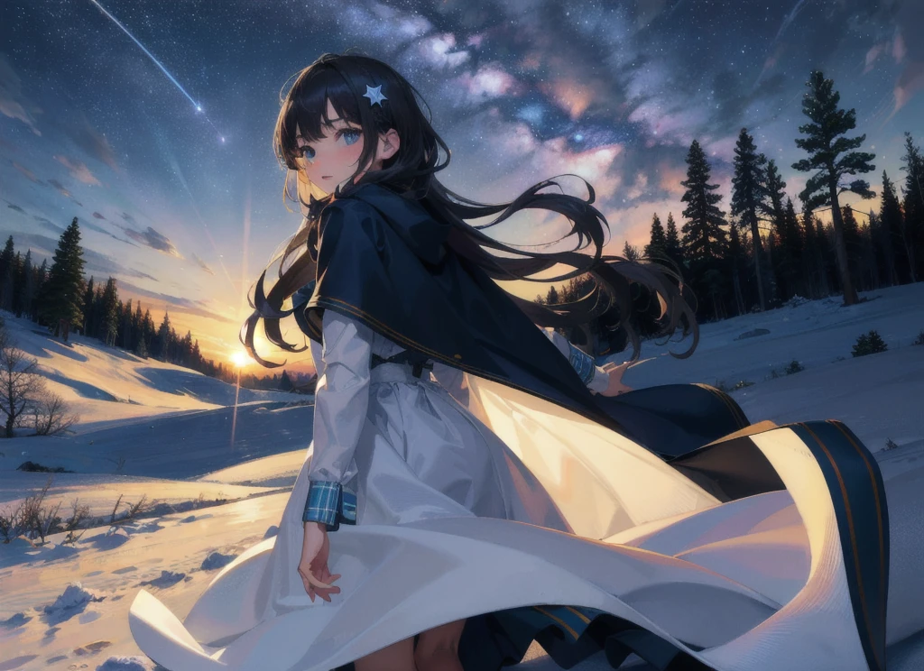 Highest quality, masterpiece, winter, From the side, Wind and snow effects, Starry Sky, Focus on the sky, A closer look, night, Cinema Lighting, Caustics, (Wide Shot:1.1), Girl with detailed cute silhouette, Dirt roads, overlook,