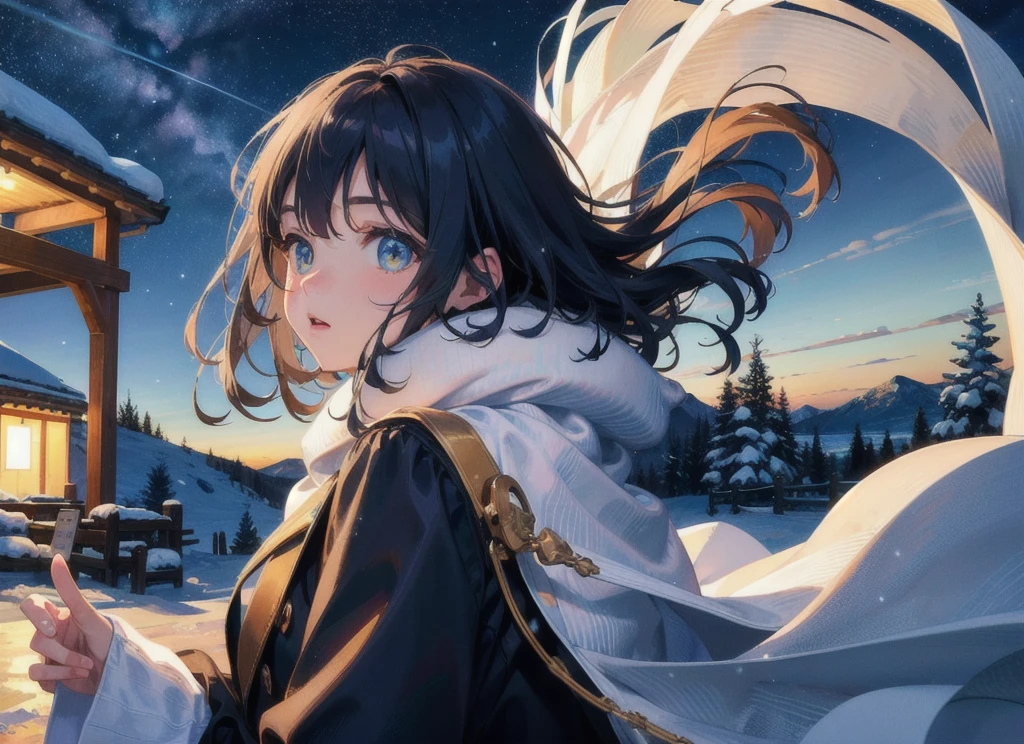 Highest quality, masterpiece, winter, From the side, Wind and snow effects, Starry Sky, Focus on the sky, A closer look, night, Cinema Lighting, Caustics, (Wide Shot:1.1), Girl with detailed cute silhouette, Dirt roads, overlook,