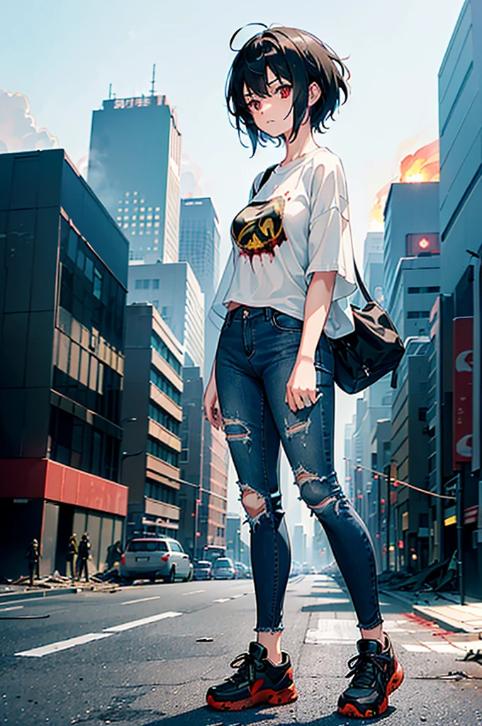 ((1 GIRL)) ((2d anime girl)), ((Japanese)) (( physically mature female)), 25-year-old, ((2d anime girl)), ((short dark-haired)), ((windswept hair)) ((ultra high quality))((flawless))((4k UHD)) ((Best Quality)) ((Daytime)) ((eyes glowing red )), wearing a ((black long sleeve shoulderless, blank T-shirt)) wearing ((blue jeans)) and black and yellow sneakers with (((blood splattered))) on it and her face, standing in the street ((facing toward the camera)) in a ((ruined city)) filled with ((heavily damaged)) and worn (( tall skyscrapers with gaping holes in their structures while on fire)) and ((crushed vehicles on fire)) and small and ((raging fires all around)) and an expressionless look on her face, with a giant monster kaiju-beast in the distance looking furocious.