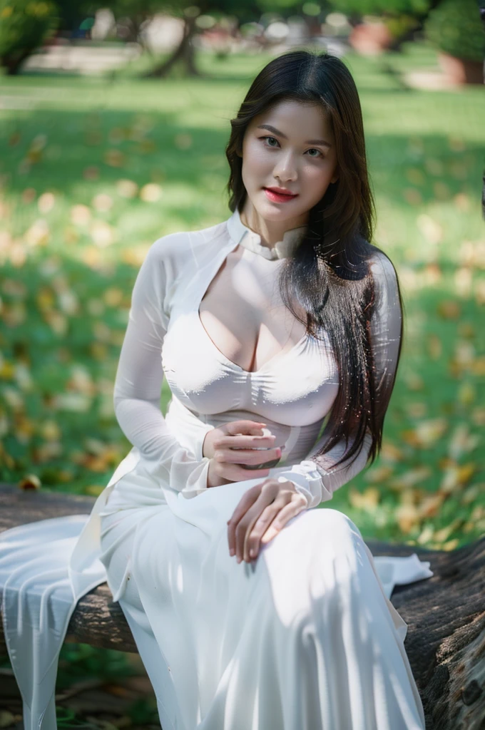 big breasts, round breasts, wearing bra inside ao dai, slim figure, beautiful figure, big breasts, ponytail, sharp 8k quality photo, ((beautiful, sharp, balanced face details) for )), ((beautiful breasts, exposed cleavage, plump body), ((beautiful sparkling eyes, sharp eye details, beautiful face)), sitting in the middle of rice fields, ((super beautiful body with high details , tight body, wide chest, slim waist)), ((thin cleavage, round breasts))