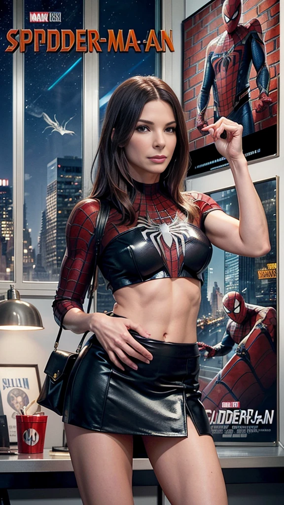 Sandra Bullock、マーベルコミックの映画Poster、so beautiful、Movies about Spider-Man、sexy、whole body、Wearing a skirt、Premiere Date、Poster、belly buttonを突き出す、new york、She's wearing a ripped Spiderman suit、The suit is torn、Wearing a skirt、Red and black color scheme、dynamic、masterpiece、Highest quality、Super detailed、Very detailed、Delicate and beautiful shine、Ultra-high resolution、Cinematic、break、breakドロップ、(Torn clothes:1.5)、(Wet clothes:1.4)、Bare shoulders、Real Rain、Wet Hair、belly button、Exposed Skin、sexyな肩を披露