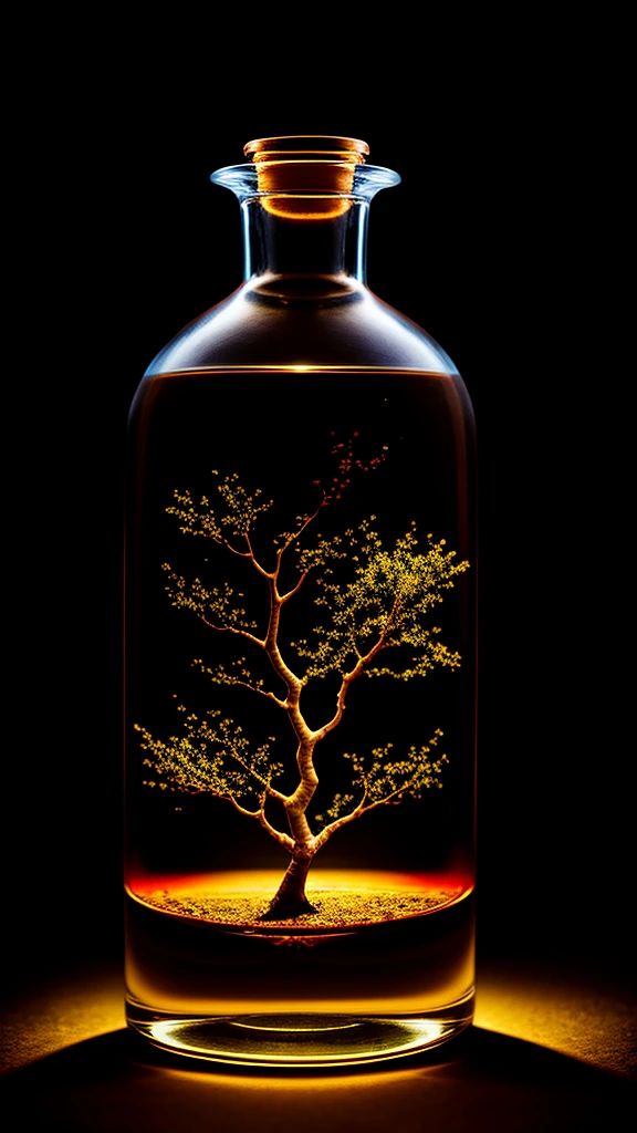 Cherry tree in a bottle, fluffy, Realistic, Refraction of atmospheric light, photograph:Lee Jeffries, Nikon d850 film stock photos 4 kodak portra 400 camera f1.6 Lenses, Rich colors, ultra Realistic Realistic textures, Dramatic lighting, Unreal Engine Trending on Artstation cinestill 800, Style-Glass