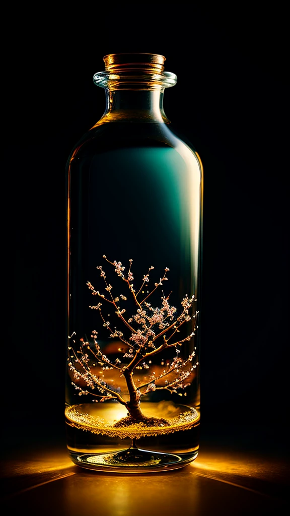 Cherry tree in a bottle, fluffy, Realistic, Refraction of atmospheric light, photograph：Lee Jeffries, Nikon d850 film stock photos 4 kodak portra 400 camera f1.6 Lenses, Rich colors, ultra Realistic Realistic textures, Dramatic lighting, Unreal Engine Trending on Artstation cinestill 800, Style-Glass