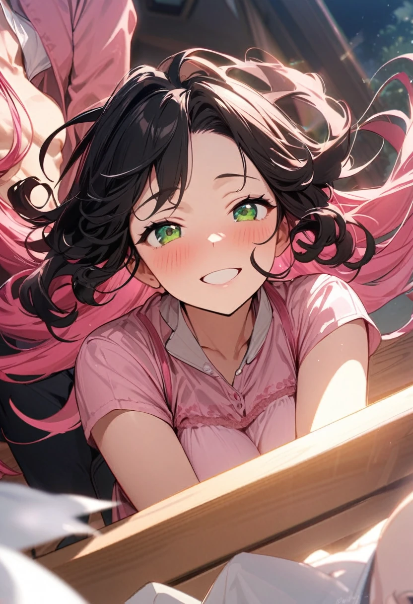 (couple), girl and boy, 1boy, ((boy with green eyes, short black curly hair)), 1girl, ((girl with red eyes, vibrant pink long hair)), intimate, rich in detail, happy expression, love, long shot, wide angle, (((masterpiece, best quality, aesthetic, heavenly)))