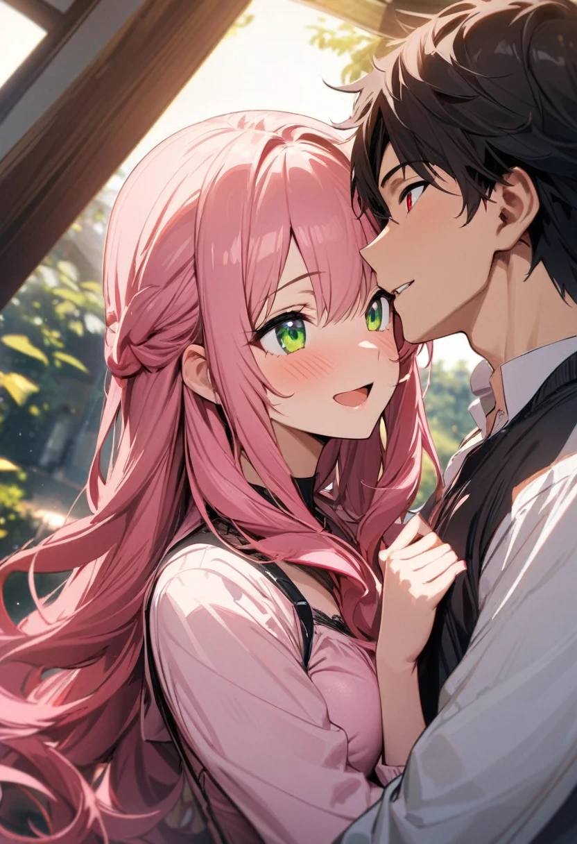 (couple), girl and boy, 1boy, ((boy with green eyes, short black curly hair)), 1girl, ((girl with red eyes, vibrant pink long hair)), intimate, rich in detail, happy expression, love, long shot, wide angle, (((masterpiece, best quality, aesthetic, heavenly)))