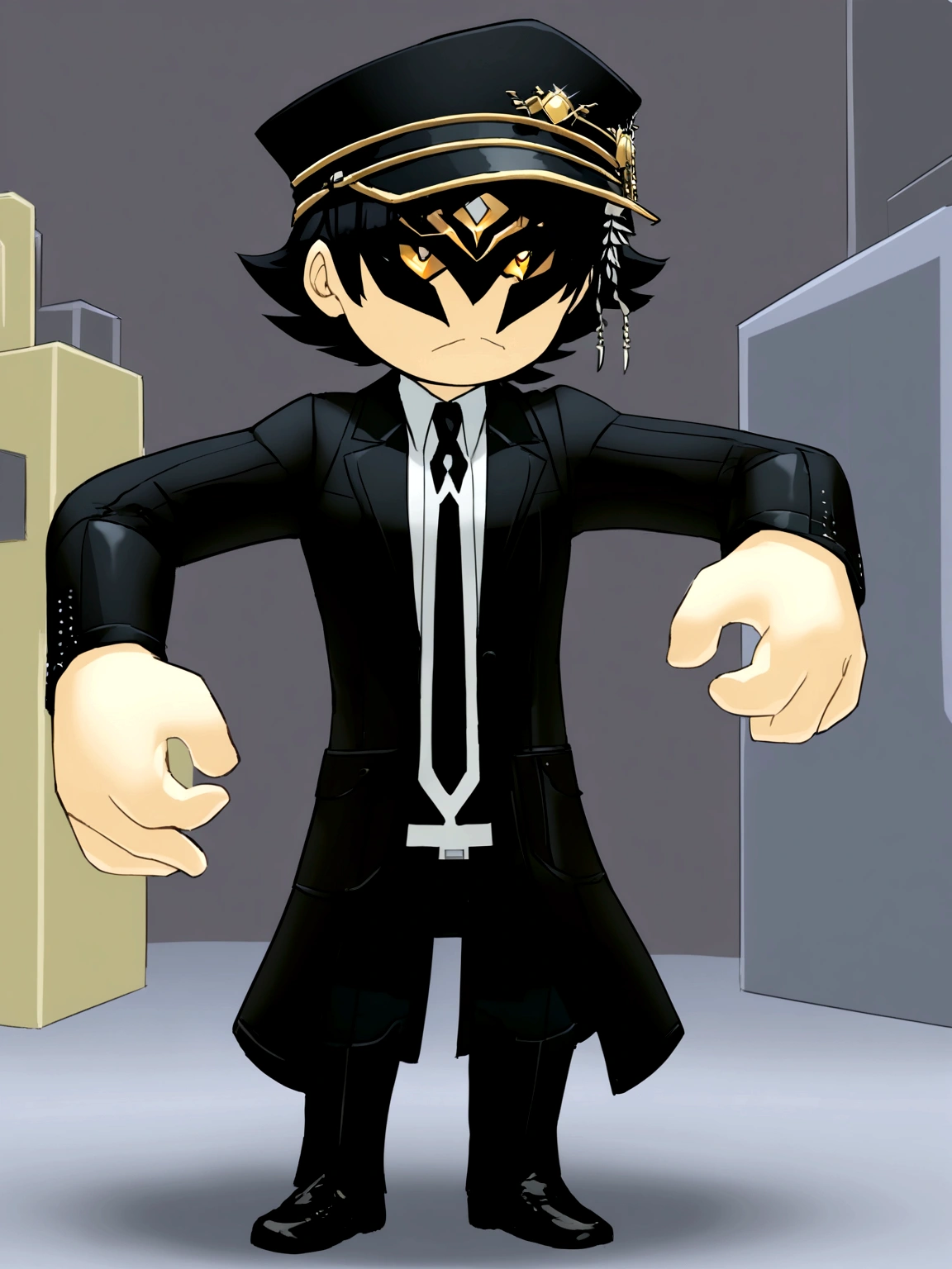 Tall Norma Normal man black hair short hair wearing a black suit