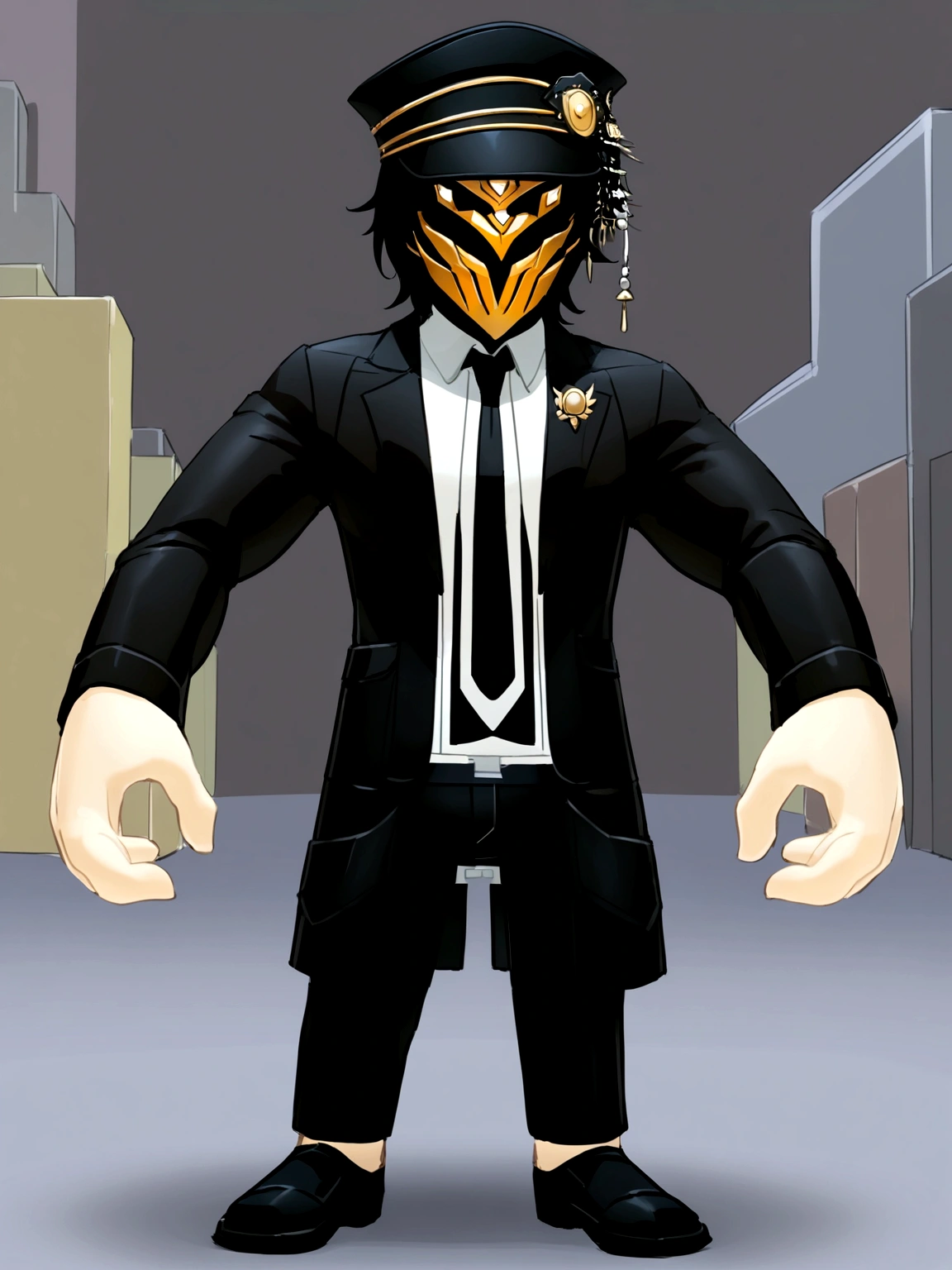 Tall Norma Normal man black hair short hair wearing a black suit