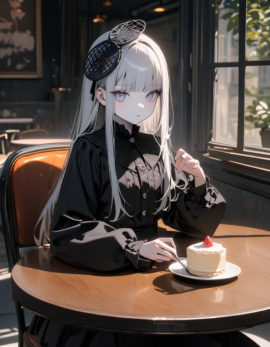 (8K, best quality, master piece: 1.2), super high resolution,1 girl,独奏,,ultra-detailed face,detailed eyes,silver eyes,blunt bangs,silver hair,Straight Hair,Long Hair,pale skin,long sleeve petal collar blouse,black Fascinator,Tiered skirt,expressionless,lash extension,parted lips,Rim Light,Sitting in a chair,A cake and a cup of tea on the table,Coffee shop