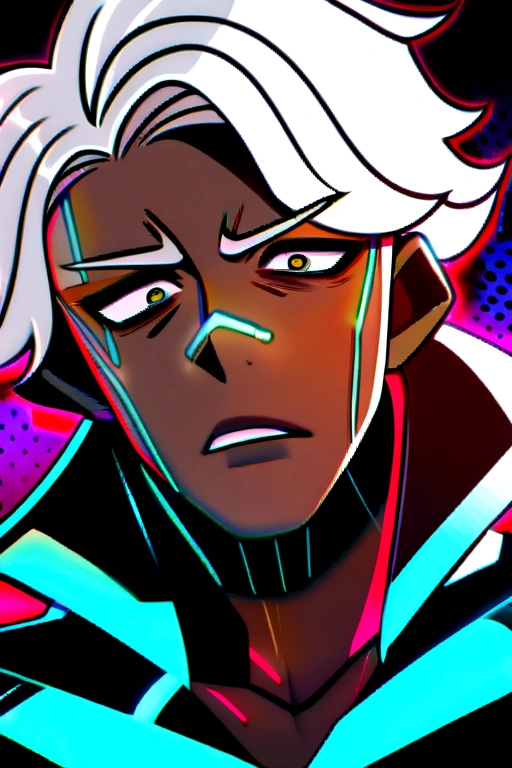 Vtuber masculino, white hair with black highlights, small white eyebrows, brown skin, Eyes red, morbid expression, dark circles under his eyes, droopy eyes, cyberpunk style suit.