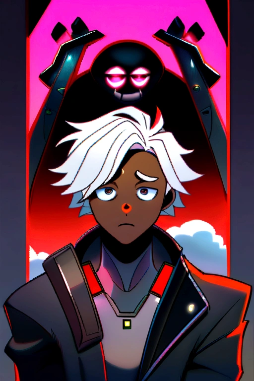 Vtuber masculino, white hair with black highlights, small white eyebrows, brown skin, Eyes red, morbid expression, dark circles under his eyes, droopy eyes, cyberpunk style suit.