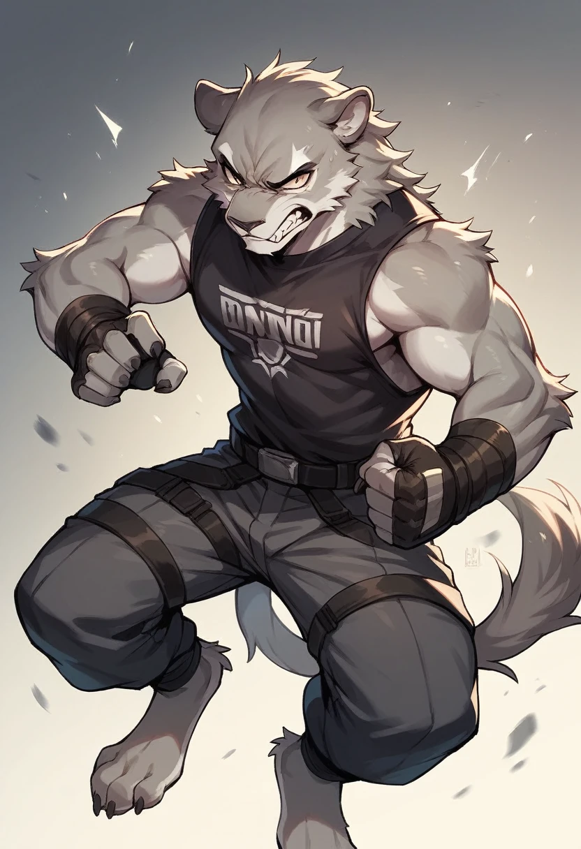 furry dark gray lion in fighter clothes with bands on his hands dark aggressive angry and in a combat pose