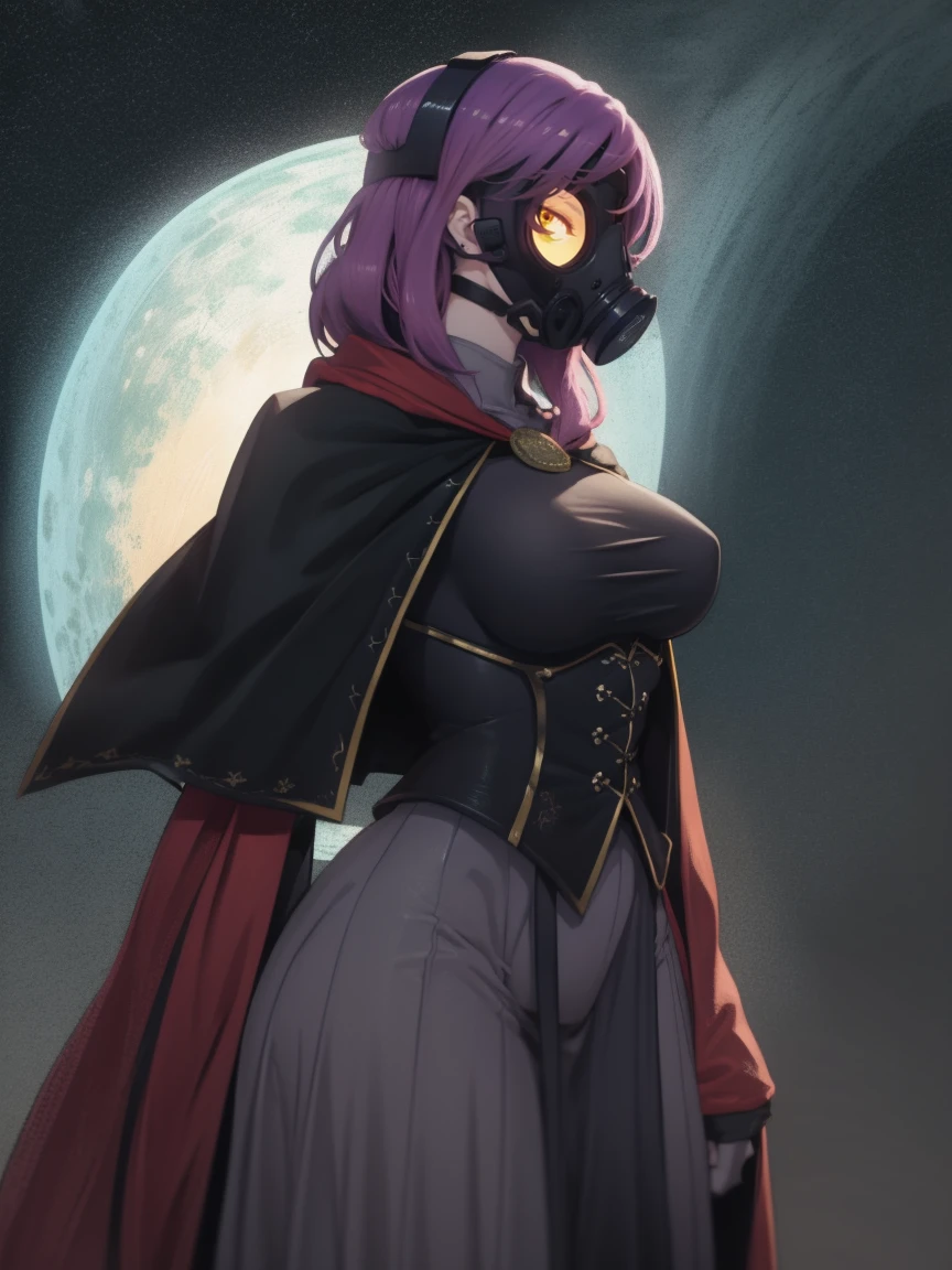 4k, high quality, cowboy shot, digital painting of beautiful young girl, witch, long dark purple hair, flowing hair, giant witches hat, long black cloak, big breasts, fully clothed, layers of cloth clothing, witch clothes, covered in darkness, in the night, night time street girl wearing a gas mask profile view armor good hand 1k