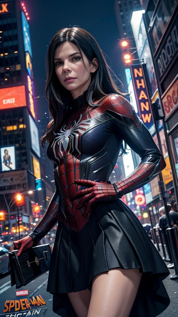 Sandra Bullock、マーベルコミックの映画Poster、so beautiful、Movies about Spider-Man、sexy、whole body、Wearing a skirt、Premiere Date、Poster、belly buttonを突き出す、new york、She's wearing a ripped Spiderman suit、The suit is torn、Wearing a skirt、Red and black color scheme、dynamic、masterpiece、Highest quality、Super detailed、Very detailed、Delicate and beautiful shine、Ultra-high resolution、Cinematic、break、breakドロップ、(Torn clothes:1.5)、(Wet clothes:1.4)、Bare shoulders、Real Rain、Wet Hair、belly button、Exposed Skin、sexyな肩を披露