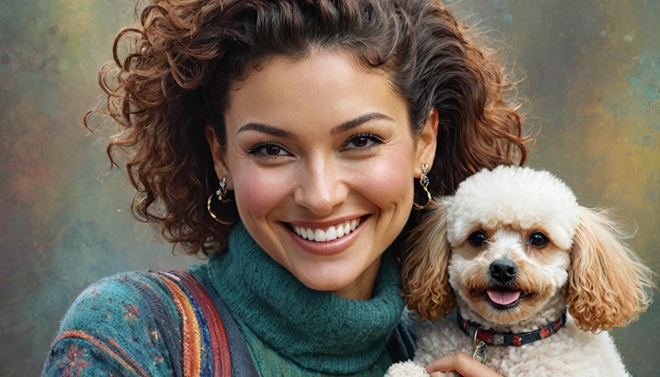 half body,
a woman smile with her best friend her POODLE dog,
dark complex background, style by Thomas Kinkade+David A. Hardy+Carne Griffiths+Mandy Disher half vivid colors fine art, best quality, high detailed, detailed faces, 2d,